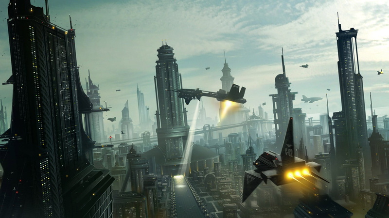 architecture, travel destinations, skyscraper, futuristic, sky, aircraft, men, building exterior, adult, 1080P, spaceship, office building exterior, built structure
