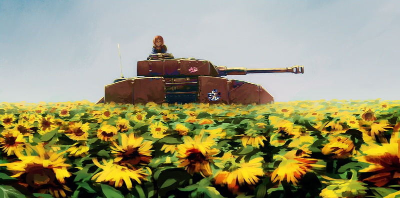 Tank, flower, 1080P, land, beauty in nature, day, Sunflower, flower head, Field, sky, nature, Girls und Panzer, agricultural machinery, Miho Nishizumi