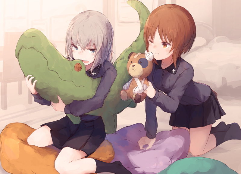 School Uniform, Pillow, Miho Nishizumi, White Hair, Brown Hair, Erika Itsumi, Short Hair, 1080P, Blue Eyes, Red Eyes, Anime, Girls und Panzer