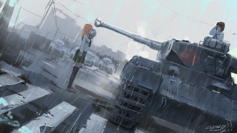 machinery, Tank, Anime, nature, Brown Hair, Yukari Akiyama, 1080P, men, mode of transportation, low angle view, day, outdoors, window, working, transparent