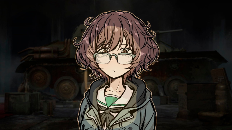 Akiyama Yukari, blurred, brown eyes, messy hair, military, hangar, blurry background, brunette, glasses, tank, 1080P, Girls und Panzer