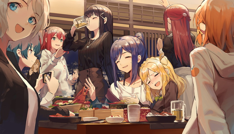 women, art and craft, indoors, representation, Kanan Matsuura, Riko Sakurauchi, men, creativity, adult, food and drink, Mari Ohara, Yoshiko Tsushima, female likeness