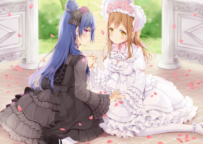two people, Tsushima Yoshiko, Kunikida Hanamaru, lifestyles, anime girls, newlywed, 2K, brunette, female likeness, art and craft, purple eyes, lolita fashion