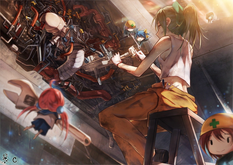 working, standing, land vehicle, occupation, 720P, Yuubari (KanColle), Kantai Collection, women, transportation, high angle view, group of people, adult
