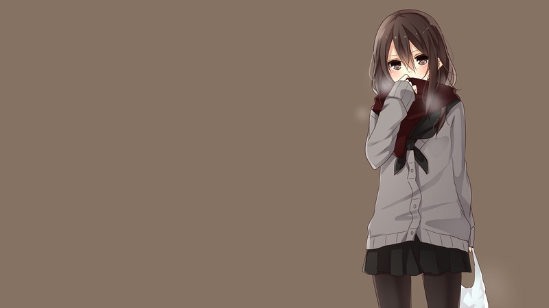 original characters, 1080P, long hair, girls, studio shot, simple background, young adult, anime, Yamasuta, brunette, innocence, scarf, hairstyle, child