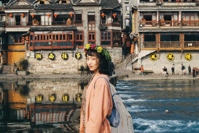 asian, buildings, temples, three quarter length, near, leisure activity, portrait, lifestyles, architecture, vietnamese, woman, young adult, built structure
