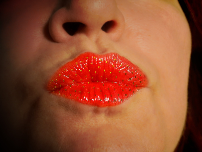 berry, beauty, mouth, body part, love, beautiful woman, wearing, close-up, young adult, adult, strawberry, indoors, front view, affection, red, lips, human mouth