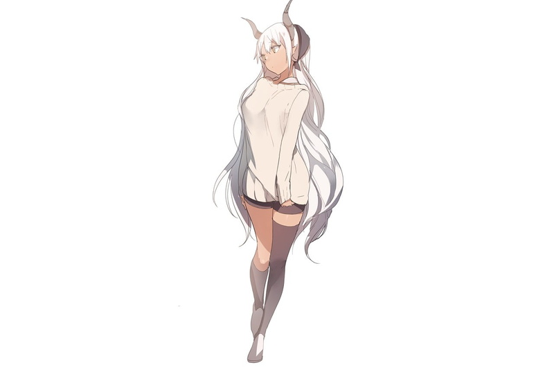 jumping, demon horns, women, character, white hair, clothing, white, vertebrate, mammal, horns, dark skin, original characters, acrobat, digital, copy space