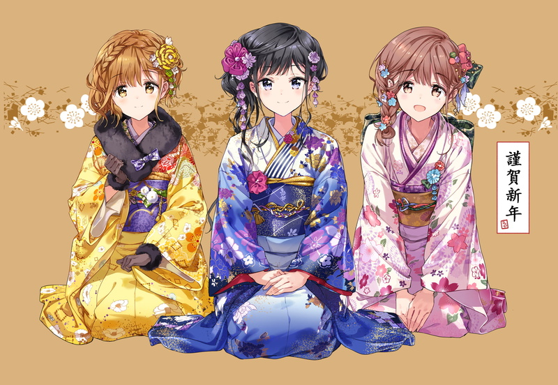 Yuigahama Yui, Japanese kimono, brown eyes, 1080P, fan art, Yukinoshita Yukino, blue eyes, Isshiki Iroha, artwork, pink hair, Yahari Ore no Seishun Love Comedy wa Machigatteiru
