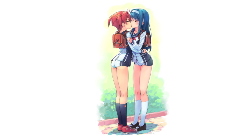 Vividred Operation, anime girls, Aoi Futaba, Akane Isshiki, yuri, simple background, 1080P, shorts, kissing