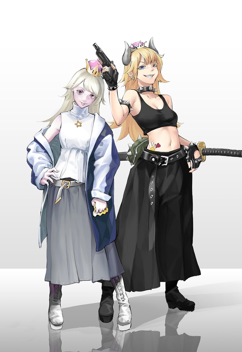long skirt, blond hair, digital art, genderswap, horns, New Super Mario Bros. 2, monster girl, Glock, simple background, sport bras, anime girls, vertical