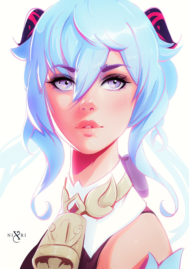 purple eyes, digital art, 1080P, fan art, artwork, video game characters, blue hair, illustration, Ganyu (Genshin Impact), Genshin Impact, women, video games girls