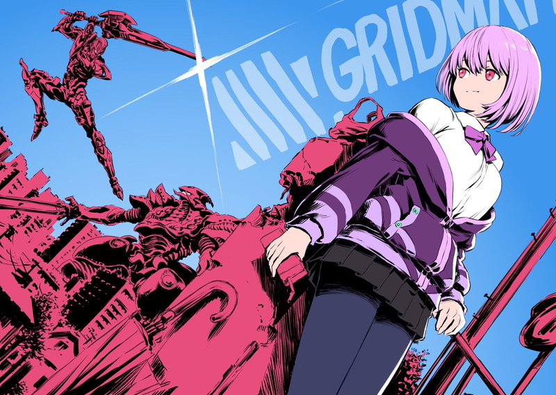 Akane Shinjou, SSSS.Gridman, Anime, Weapon, bow (Clothing), Smile, Girl, Pink Eyes, Mecha, Skirt, Pink Hair, Short Hair, 1080P
