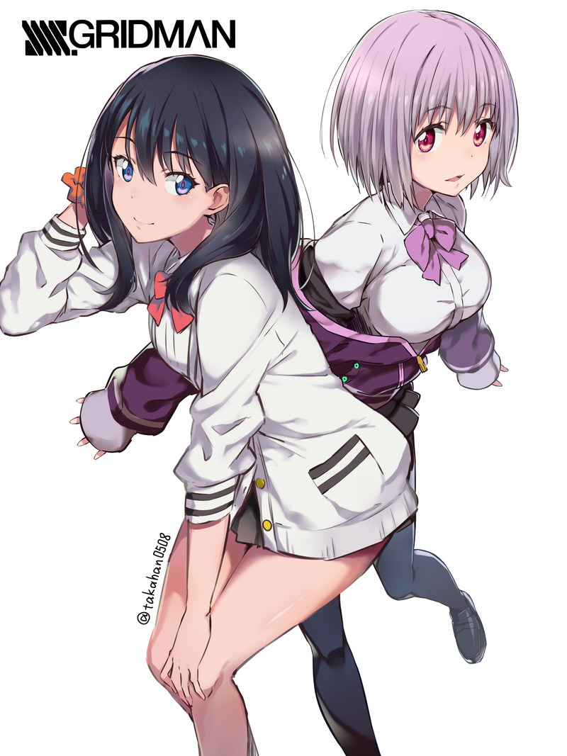 schoolgirl, anime, SSSS.GRIDMAN, Shinjou Akane, smiling, Takarada Rikka, digital art, illustration, looking at viewer, Takahan0508, 2D, anime girls, 5K