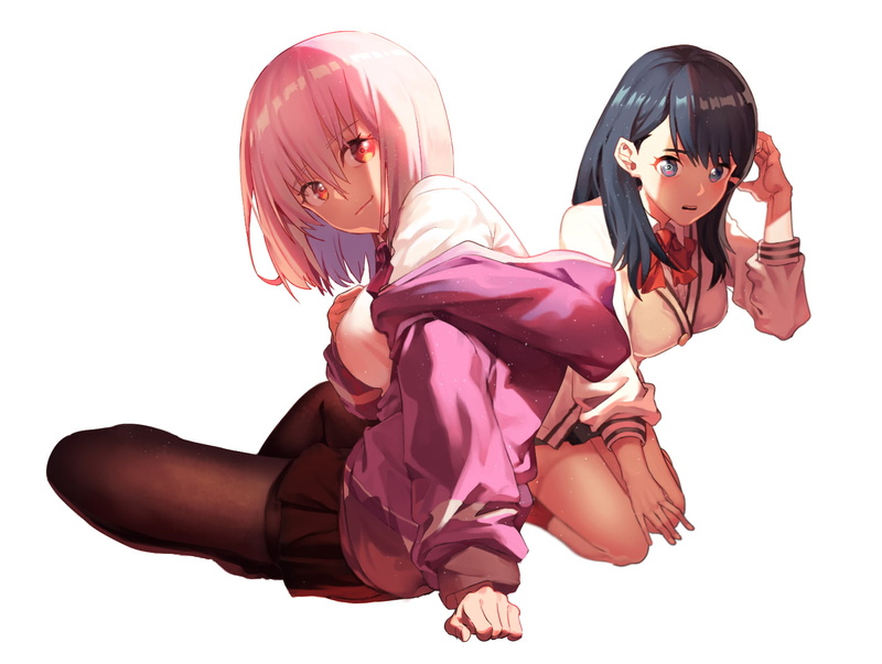 anime girls, artwork, schoolgirl, digital art, 2D, anime, illustration, Takarada Rikka, Shinjou Akane, pink hair, white background, SSSS.GRIDMAN, fan art