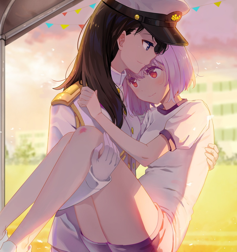 thighhighs, Akane Shinjou, 1080P, smiling, short hair, fan art, anime girls, black hair, red eyes, 2D, SSSS.GRIDMAN, blue eyes, Military Uniform, long hair