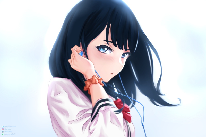 headphones, blue eyes, ribbon, look, 2K, school uniform, large, big eyes, dark hair, red bow, blue, rikka takarada, eyes, sight, gridman