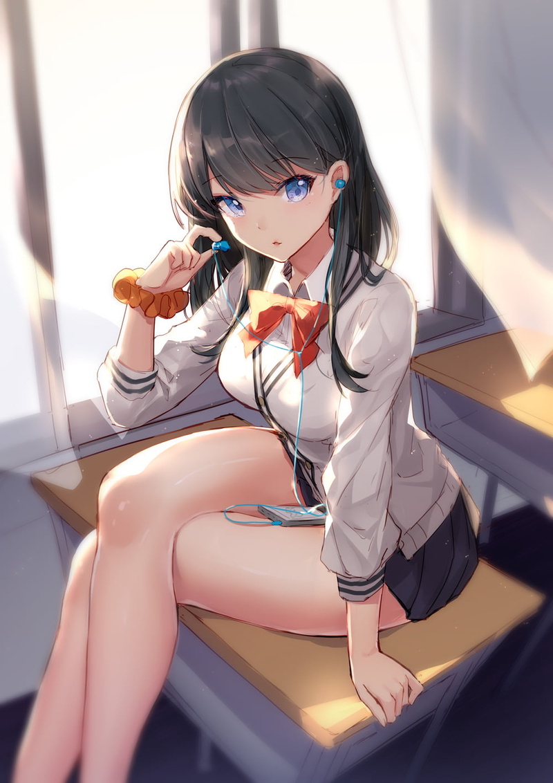 fan art, illustration, sweater, bison仓鼠, artwork, portrait display, digital art, sitting, looking at viewer, skirt, bison cangshu, SSSS.GRIDMAN, schoolgirl