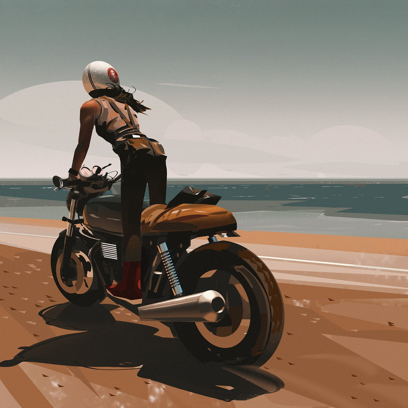 1080P, digital, sea, motorcycle, bikes, artwork, beach, women