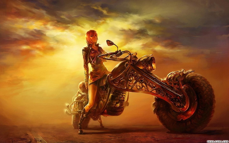 sunset, women with bikes, motorcycle, vehicle, activity, smoke - physical structure, men, digital composite, cloud - sky, standing, full length, beauty in nature
