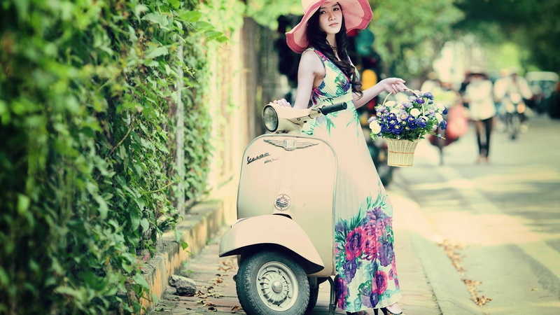 day, land vehicle, bouquet, beautiful woman, women outdoors, women, women with hats, real people, Flower Dress, flowers, casual clothing, mode of transportation