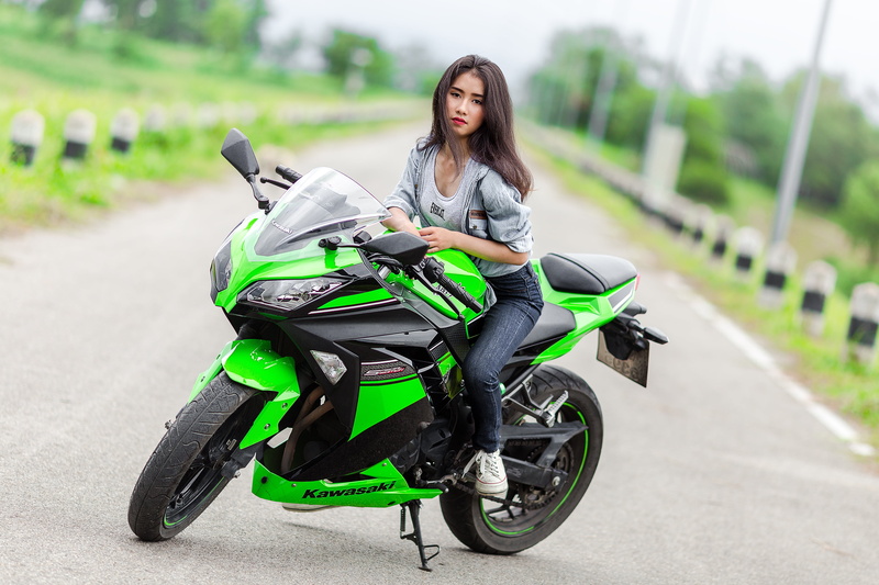 Kawasaki, black hair, sitting, long hair, Asian, 4K, bikes, women, model, jeans
