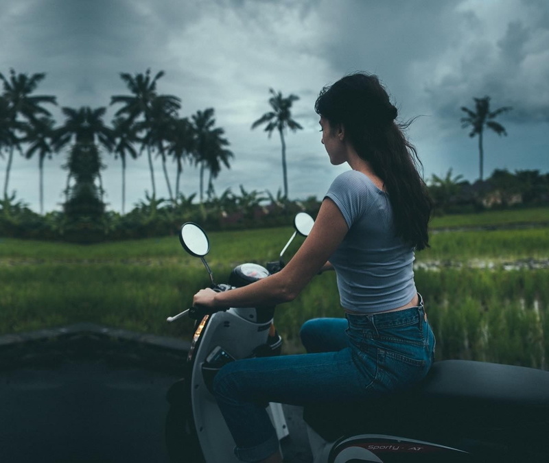 photo manipulation, young adult, Megan Costley, side view, three quarter length, adult, sky, landscape, 720P, one person, tree, women outdoors, women with bikes