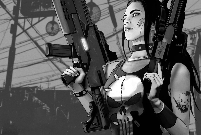 weapon, artwork, cyberpunk, monochrome, Petri Rahkola, women, 2K
