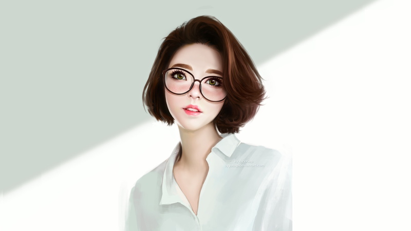 looking at viewer, green eyes, digital art, anime girls, Ayyasap, redhead, women, glasses, 4K, anime, simple background
