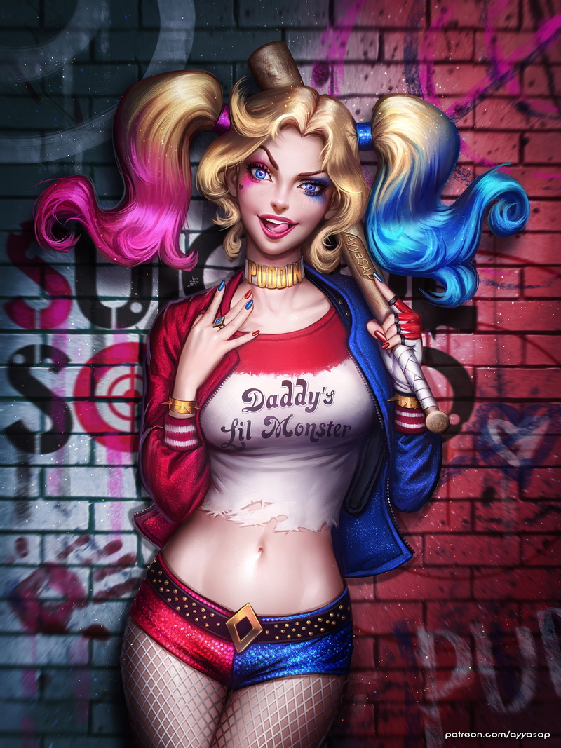 baseball bats, digital art, blue eyes, short shorts, drawing, pigtails, DC Comics, jacket, looking at viewer, choker, artwork, Suicide Squad, fishnet, baseball bat