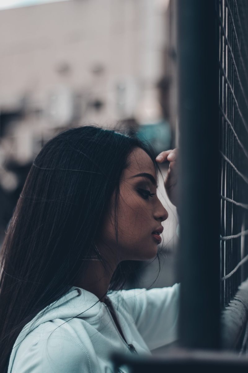 young women, portrait, fashion, female, beauty, side view, window, urban photography, urban style, fence, model, focus, attractive, white, adult, skin