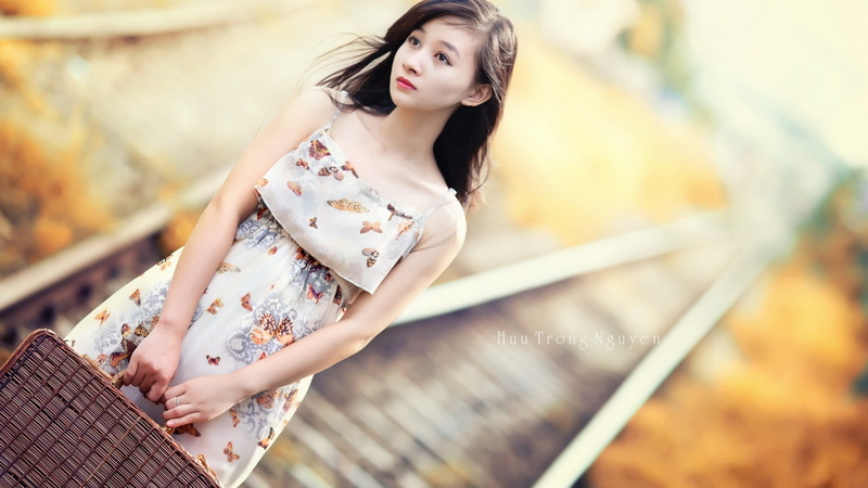 women outdoors, gray, clothing, fashion, Asian, hairstyle, brown, brunette, spaghetti, brown hair, beauty, 1080P, young women, strap, white dress, women