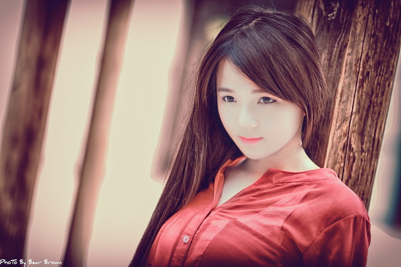 brunette, young women, lipstick, young adult, red shirt, 1080P, real people, beauty, hair, long hair, hairstyle, Asian, front view, smiling, women, eyeliner