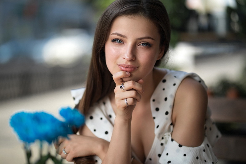 model, in white, decoration, bokeh, flowers, Dmitry Sn, hairstyle, hands, Veronica, 1080P, sitting, ring, dress, look, brown hair, makeup, Dmitry Shulgin