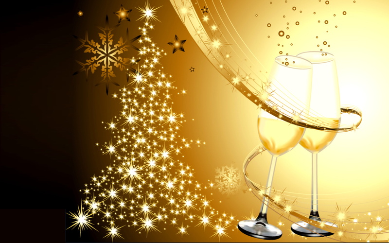 glasses, 4K, champagne, golden, christmas, background, year, new, happy