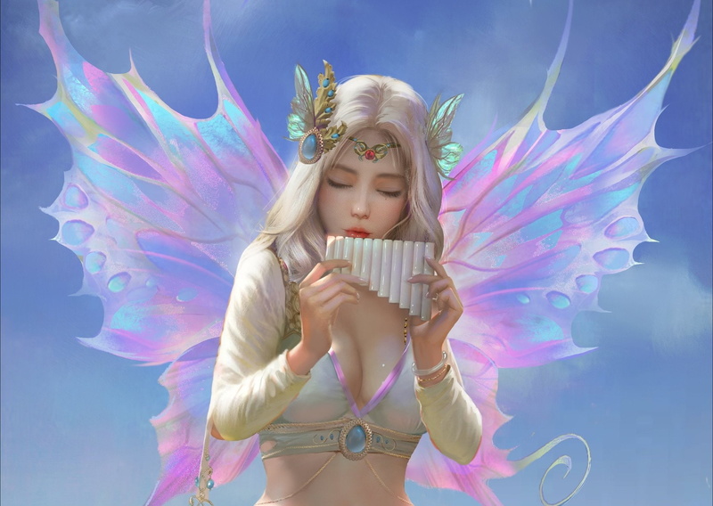 Woman, Fairy, Fantasy, White Hair, Girl, Flute, Wings, 1080P