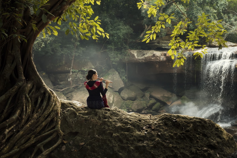 2K, waterfall, Asian, musical instrument, flute, sitting, nature, women outdoors, women