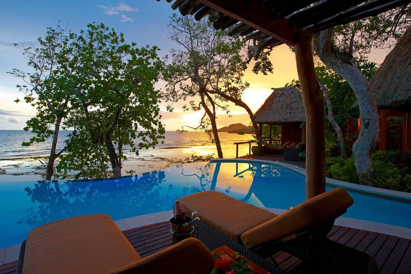 pool, paradise, fiji, beautiful, dusk, island, orange, relax, 2K, twilight, tropical, view, sunset, ocean, swimming