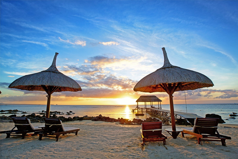 tropical, paradise, sea, vacation, indian ocean, sand, tropics, beach, lounge, sunset, Mauritius, brown, relax, shore, palm trees, island, two, 5K, chairs