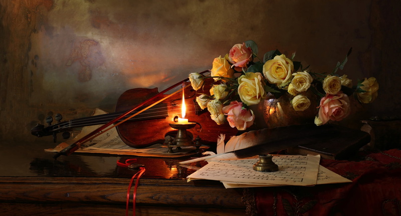 flowers, 1080P, notes, violin, pen, style, roses, candle