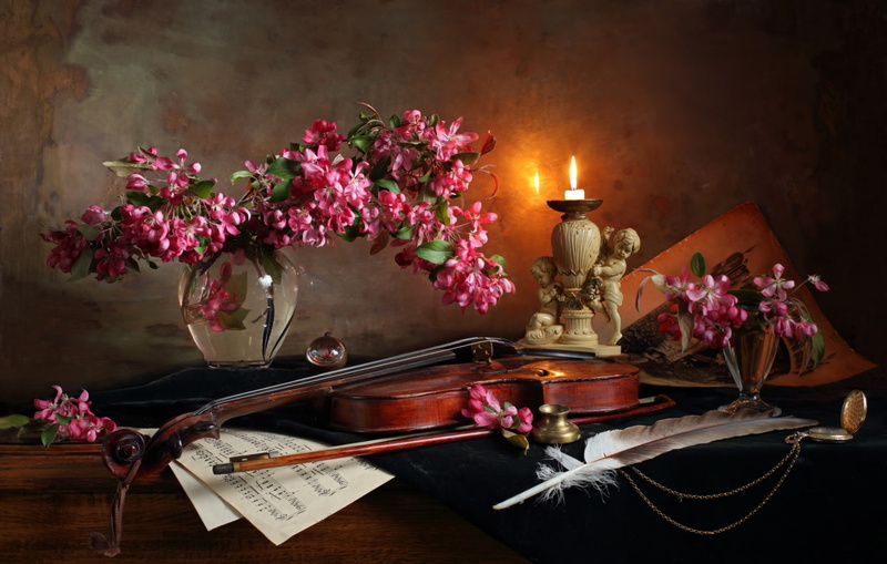 violin, 1080P, vase, flowers, candle, pen, notes