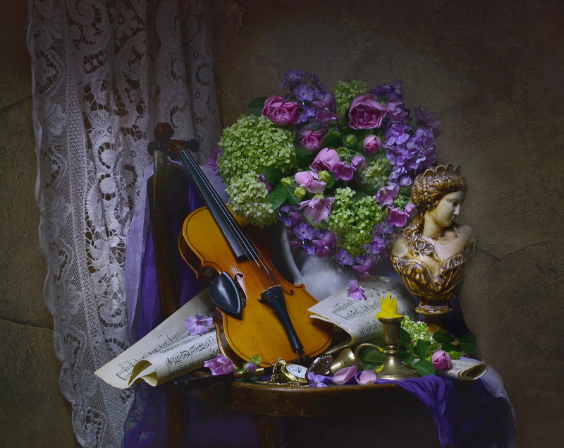 still life, Phlox, candle, 2K, table, pitcher, bust, hydrangea, violin, Valentina Fencing, woman, notes, flowers, fabric