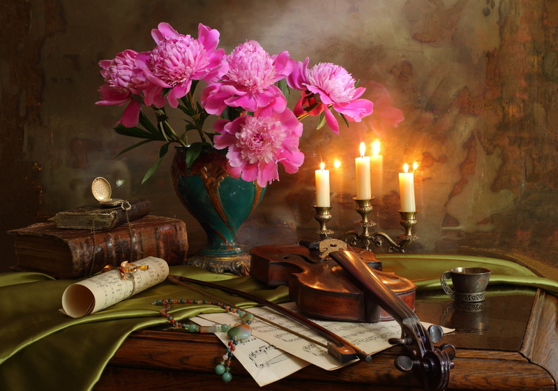 book, watch, notes, candles, 1080P, violin, peonies, bouquet, necklace, bow