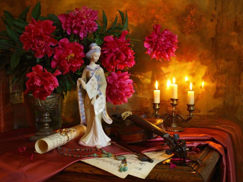 peonies, candle, figurine, 1080P, notes, necklace, violin, Japanese, bouquet