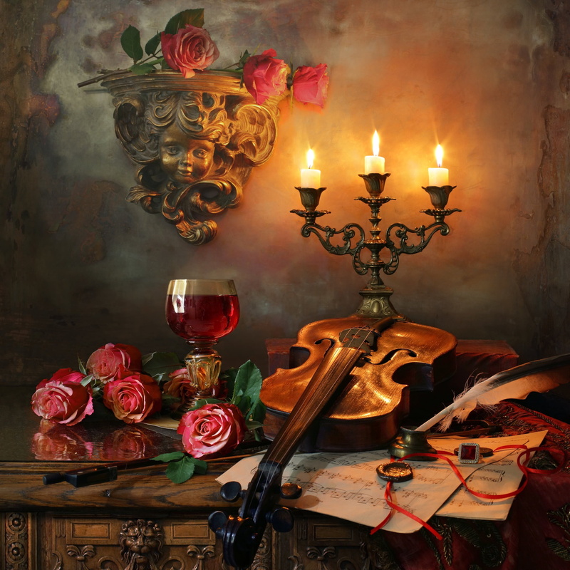 pen, notes, violin, flowers, sculpture, roses, Andrey Morozov, candles, glass, wine, ring, 1080P