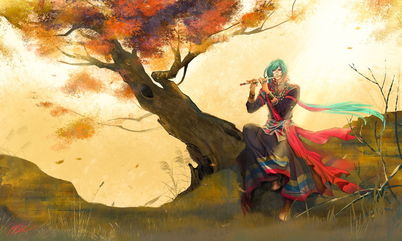 leaf, flute, real people, Anime, outdoors, leaves, creativity, 2K, fall, long hair, oriental, digital composite, anime boy, leisure activity, art and craft