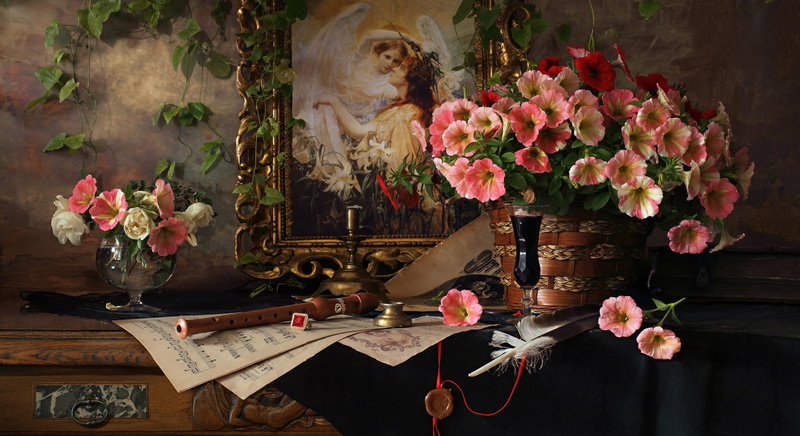 Andrey Morozov, still life, picture, pen, 1080P, flowers, petunias, style, notes, the flute