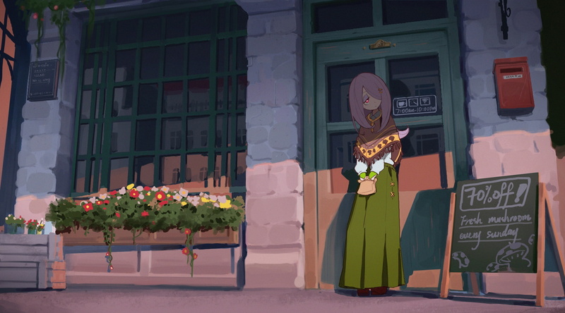 human representation, nature, bouquet, text, female likeness, clothing, little witch academia, built structure, representation, 1080P, outdoors, flower