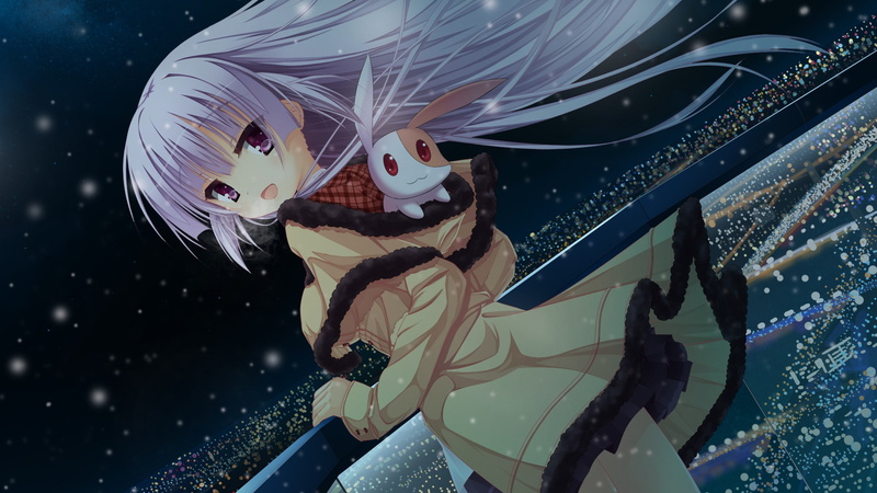 1080P, Tamaki Sakura, visual novel, snow, night, Hatsuyuki Sakura, anime girls, long hair, rabbits, pink eyes
