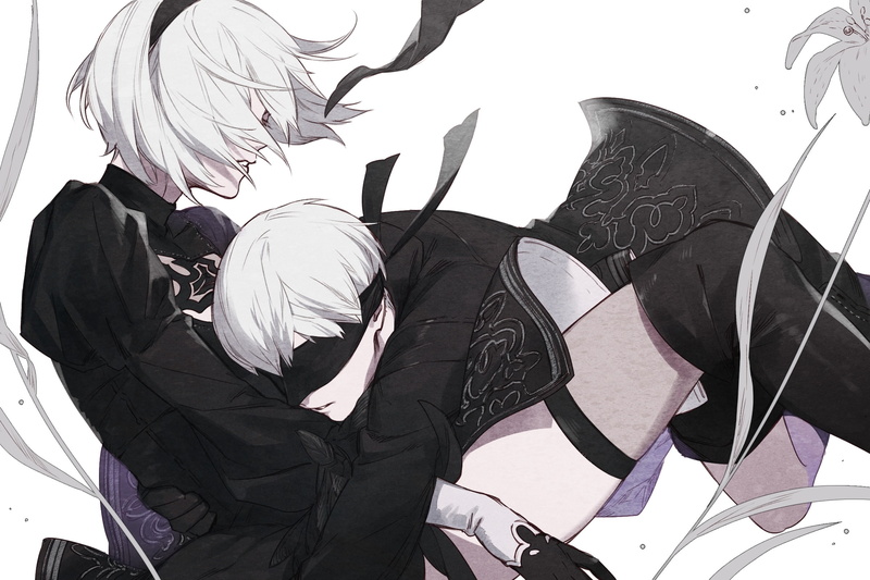 nature, hug, mask - disguise, lifestyles, obscured face, art and craft, anime style, mask, close-up, 1080P, yorha no.2 type b, low angle view, yorha no. 9 type s